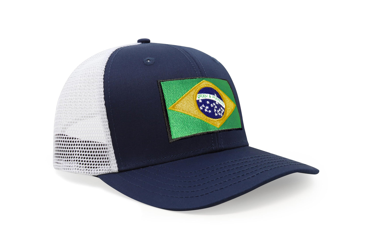 International Tie Country Hat for Men and Women, Adjustable Snapback Trucker Baseball Cap with Embroidered Patch (Brazil, Navy White)