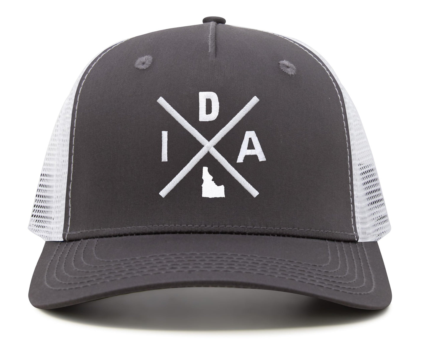 International Tie Hat for Men and Women, Adjustable Snapback Trucker Baseball Cap, Embroidered Cross Logo (IDA - Idaho, Grey White)