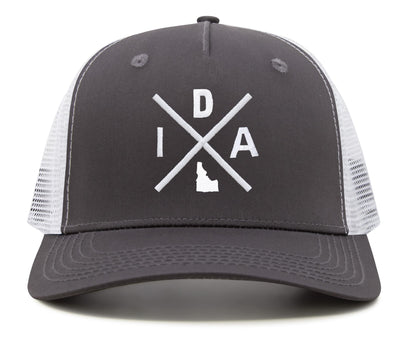International Tie Hat for Men and Women, Adjustable Snapback Trucker Baseball Cap, Embroidered Cross Logo (IDA - Idaho, Grey White)