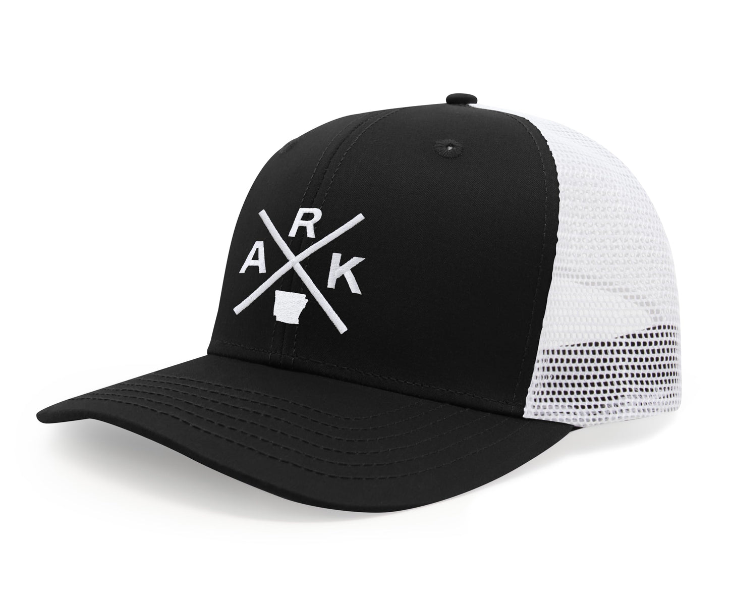 International Tie Hat for Men and Women, Adjustable Snapback Trucker Baseball Cap, Embroidered Cross Logo (ARK - Arkansas, Black White)
