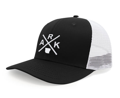 International Tie Hat for Men and Women, Adjustable Snapback Trucker Baseball Cap, Embroidered Cross Logo (ARK - Arkansas, Black White)