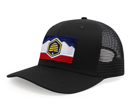 International Tie Premium Utah Flag Hat for Men and Women - Snapback Trucker Baseball Cap (All Black)