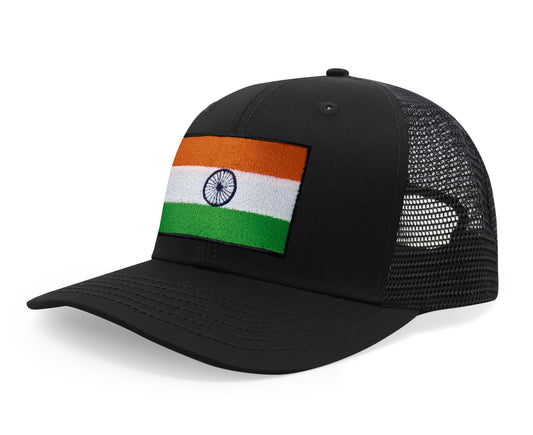 International Tie Indian Flag Hat for Men and Women - Adjustable India Snapback Trucker Baseball Cap (All Black)