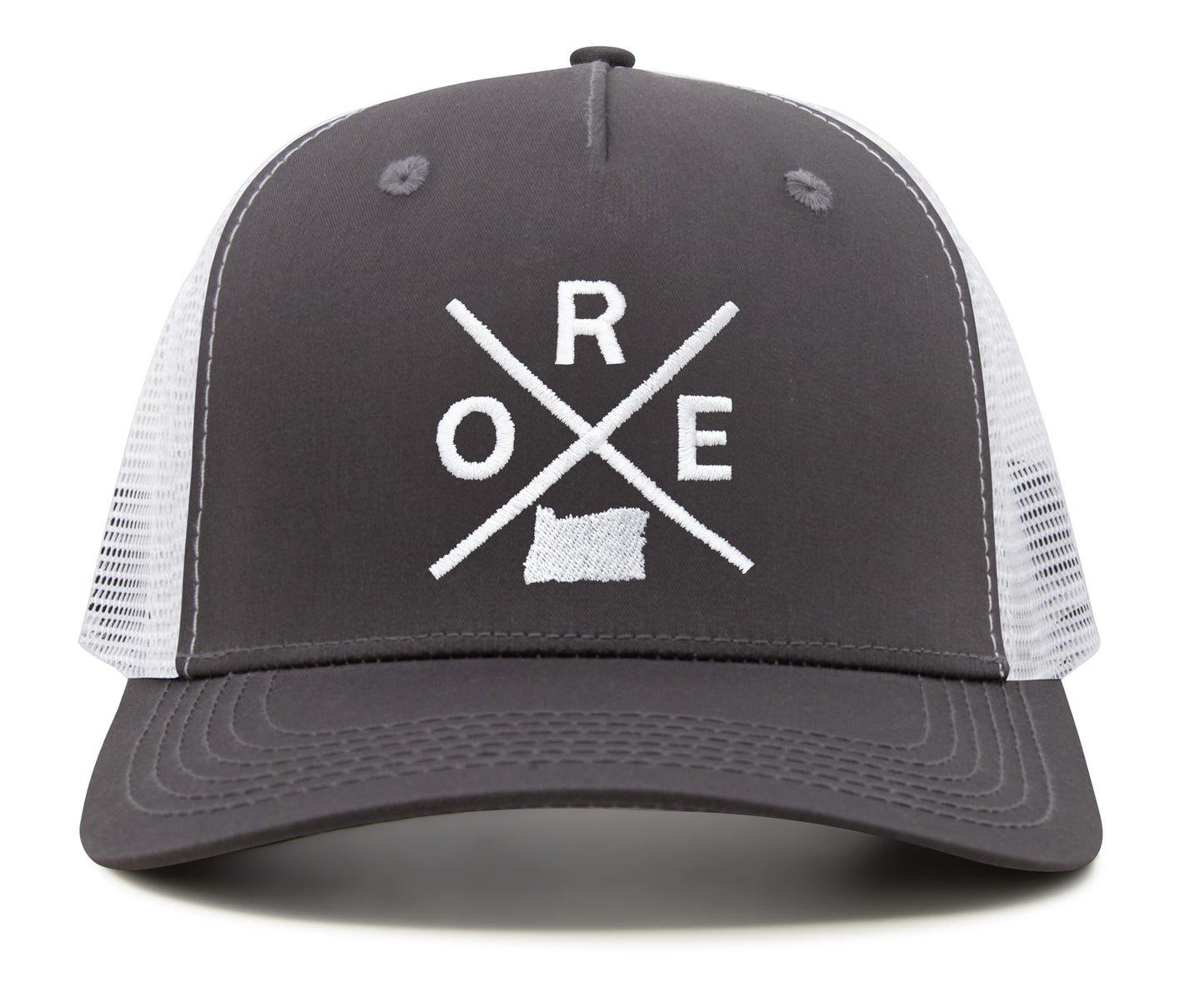 International Tie Hat for Men and Women, Snapback Trucker Baseball Cap, Embroidered Cross Logo (ORE - Oregon, Grey White) - International Tie