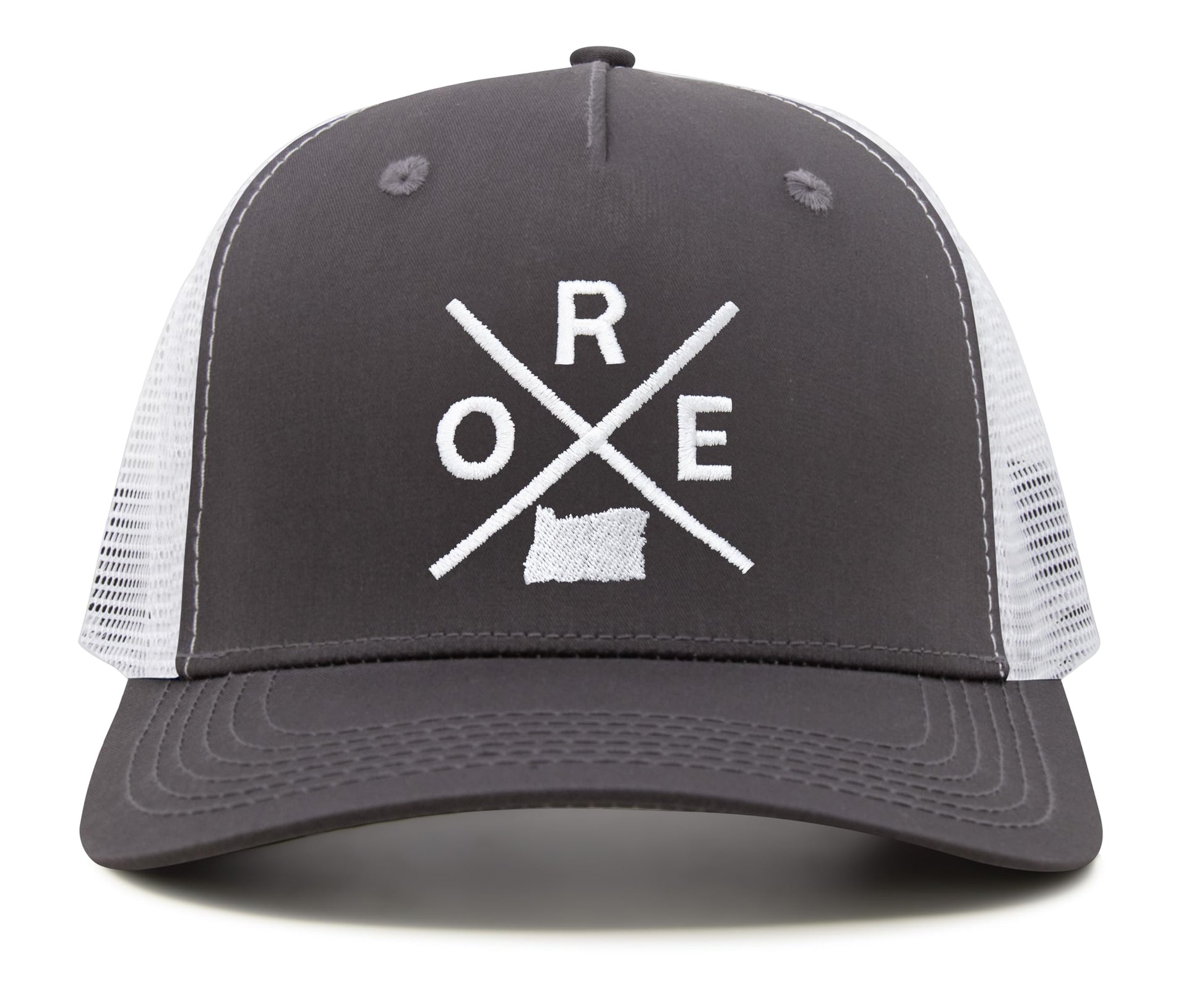 International Tie Hat for Men and Women, Snapback Trucker Baseball Cap, Embroidered Cross Logo (ORE - Oregon, Grey White) - International Tie
