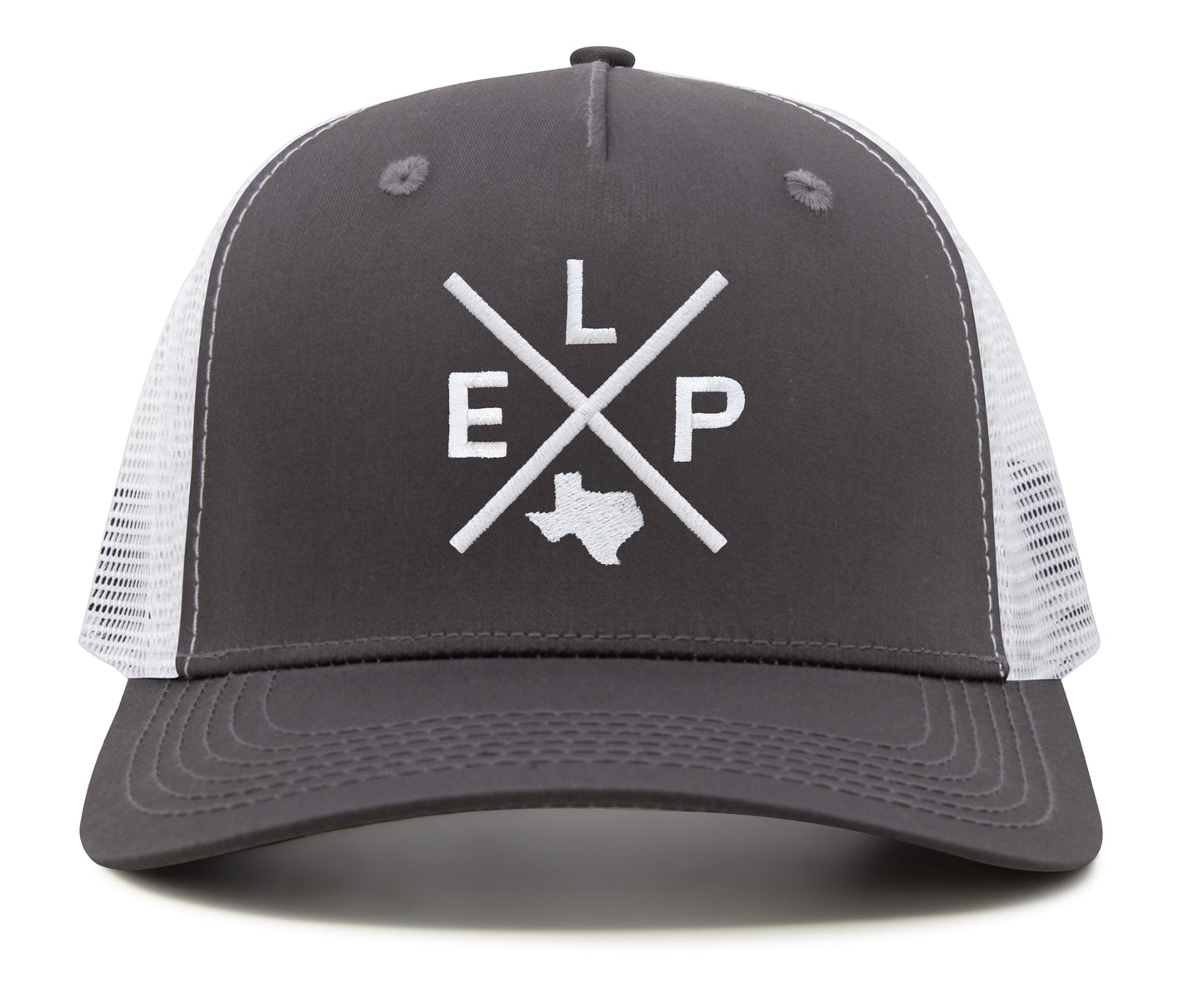 International Tie Hat for Men and Women, ELP Snapback Trucker Baseball Cap, Embroidered Cross Logo (ELP - El Paso, Grey White)