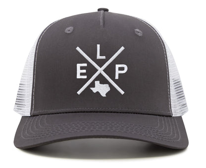 International Tie Hat for Men and Women, ELP Snapback Trucker Baseball Cap, Embroidered Cross Logo (ELP - El Paso, Grey White)