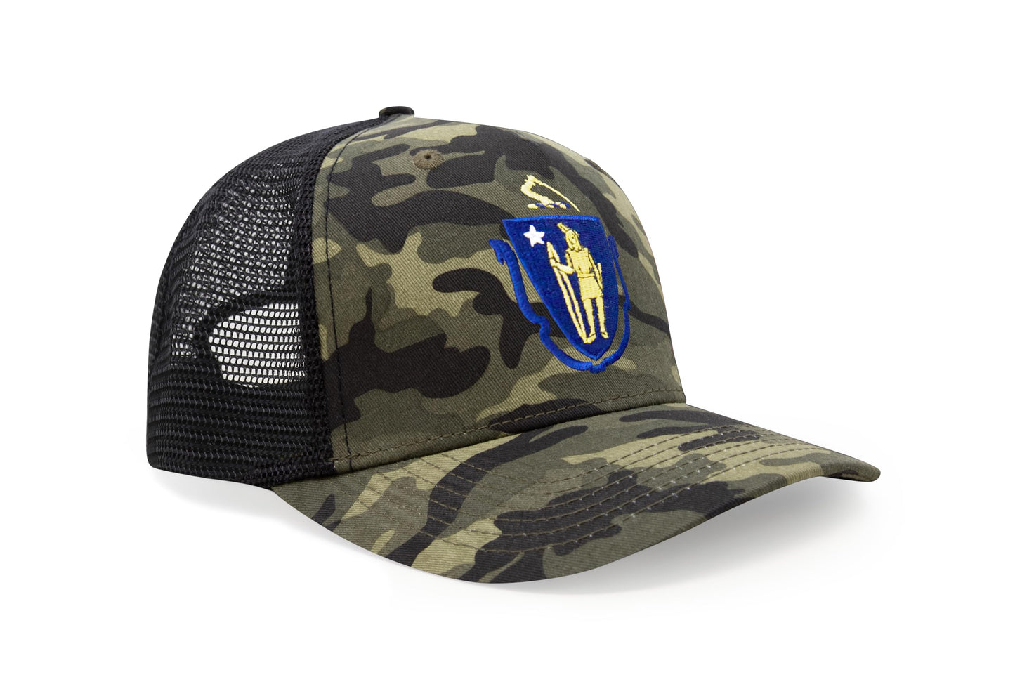 Tie StInternational ate Hat for Men and Women, Adjustable Snapback Trucker Baseball Cap with Embroidered Patch (Massachusetts, Camouflage)