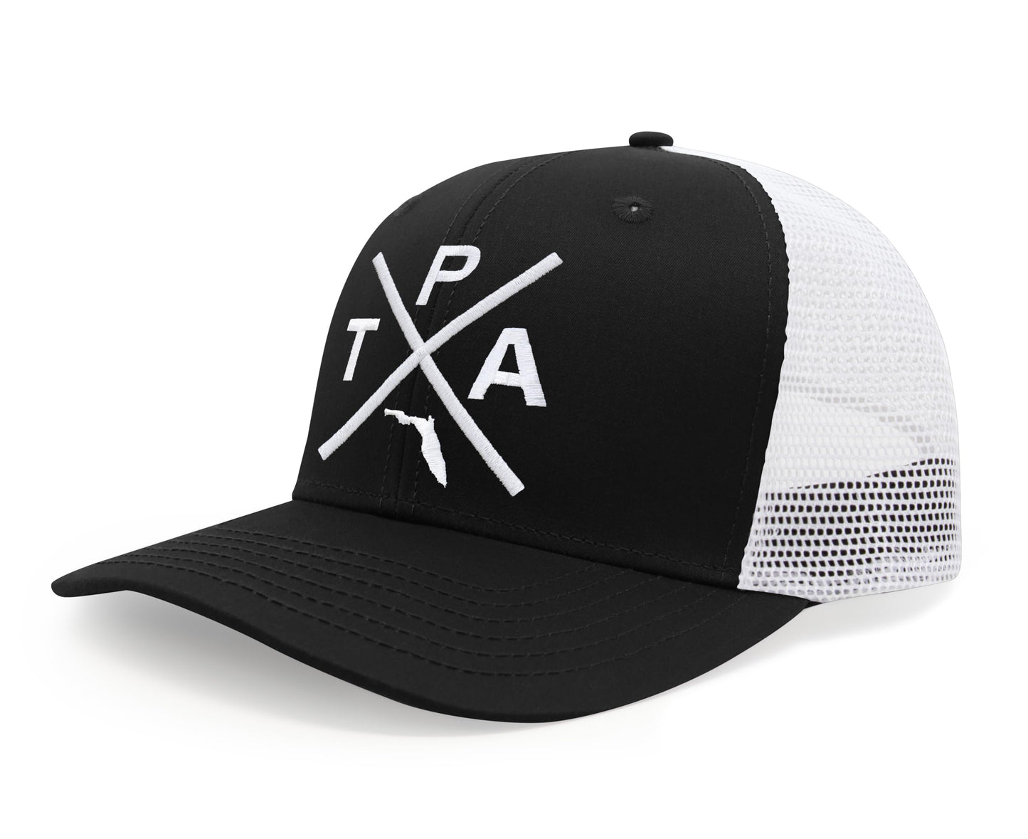 International Tie Hat for Men and Women, Snapback Trucker Baseball Cap, Embroidered Cross Logo (Tampa - TPA, Black White)