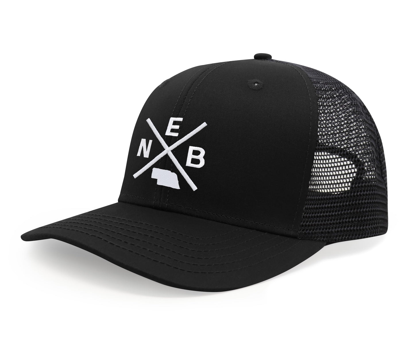 International Tie Hat for Men and Women, Adjustable Snapback Trucker Baseball Cap, Embroidered Cross Logo (NEB - Nebraska, All Black)