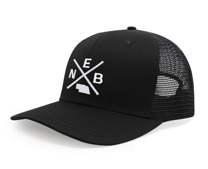 International Tie Hat for Men and Women, Adjustable Snapback Trucker Baseball Cap, Embroidered Cross Logo (NEB - Nebraska, All Black)