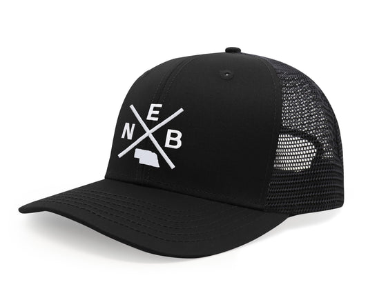 International Tie Hat for Men and Women, Adjustable Snapback Trucker Baseball Cap, Embroidered Cross Logo (NEB - Nebraska, All Black)