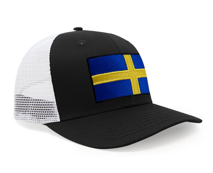 International Tie Swedish Flag Hat for Men and Women - Sweden Snapback Trucker Baseball Cap (Black White)