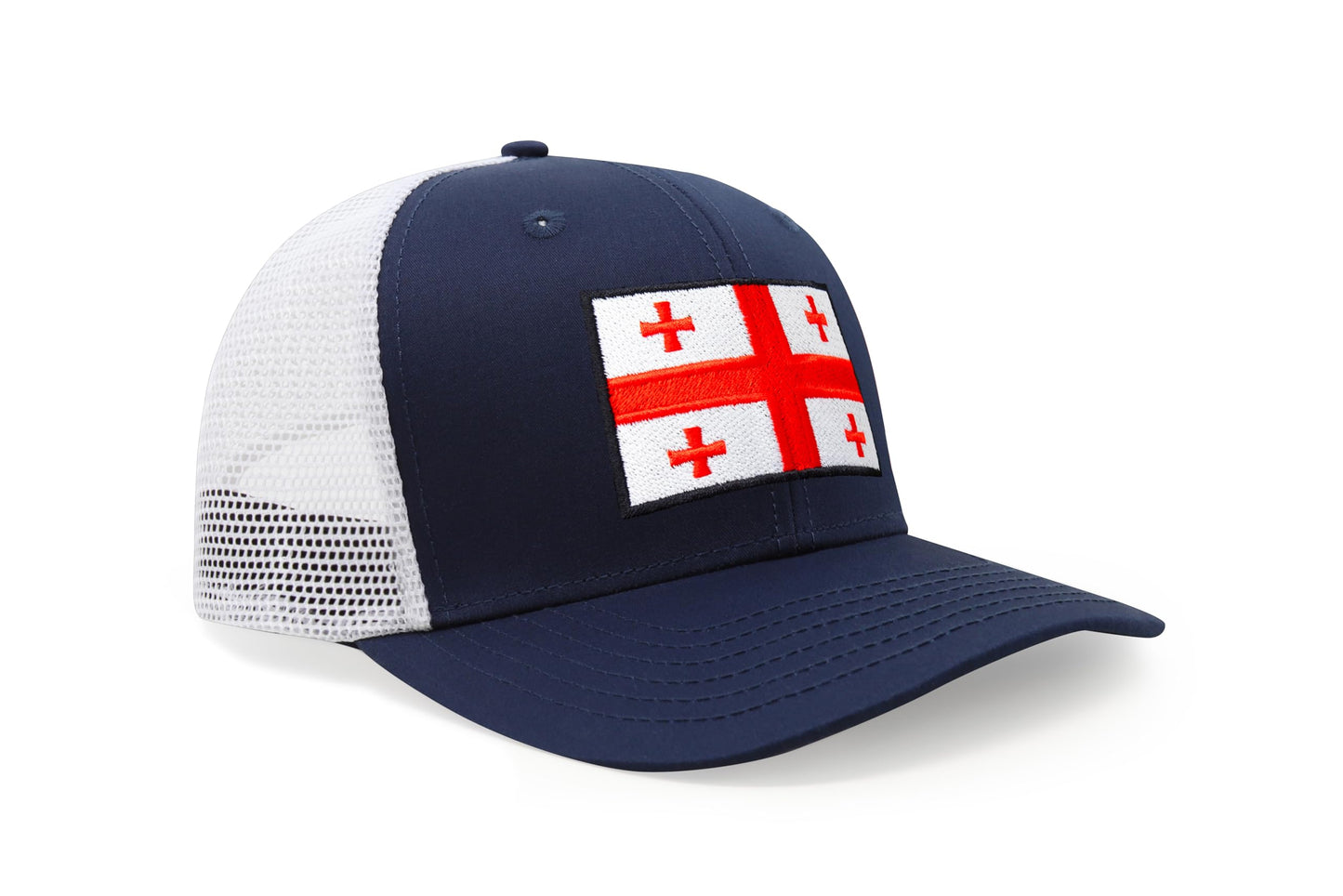 International Tie Country Hat for Men and Women, Adjustable Snapback Trucker Baseball Cap with Embroidered Patch (Georgia, Navy White)