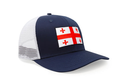 International Tie Country Hat for Men and Women, Adjustable Snapback Trucker Baseball Cap with Embroidered Patch (Georgia, Navy White)