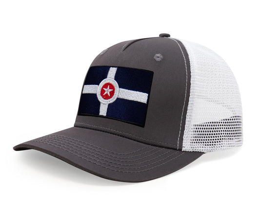 International Tie Premium Indianapolis Flag Hat for Men and Women - Snapback Trucker Baseball Cap (Grey White)