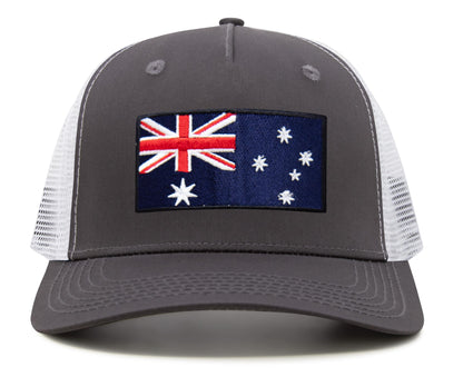 International Tie Premium Australia Flag Hat for Men and Women - Snapback Trucker Baseball Cap (Grey White)
