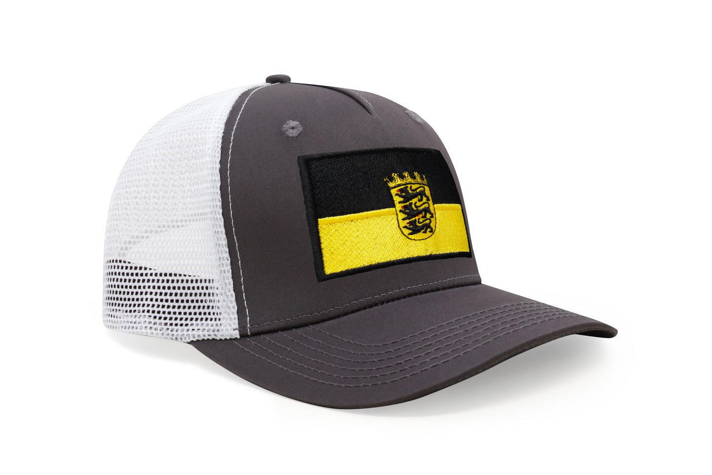 International Tie State Hat for Men and Women, Adjustable Snapback Trucker Baseball Cap with Embroidered Patch (Baden-Wurttemberg, Grey White)