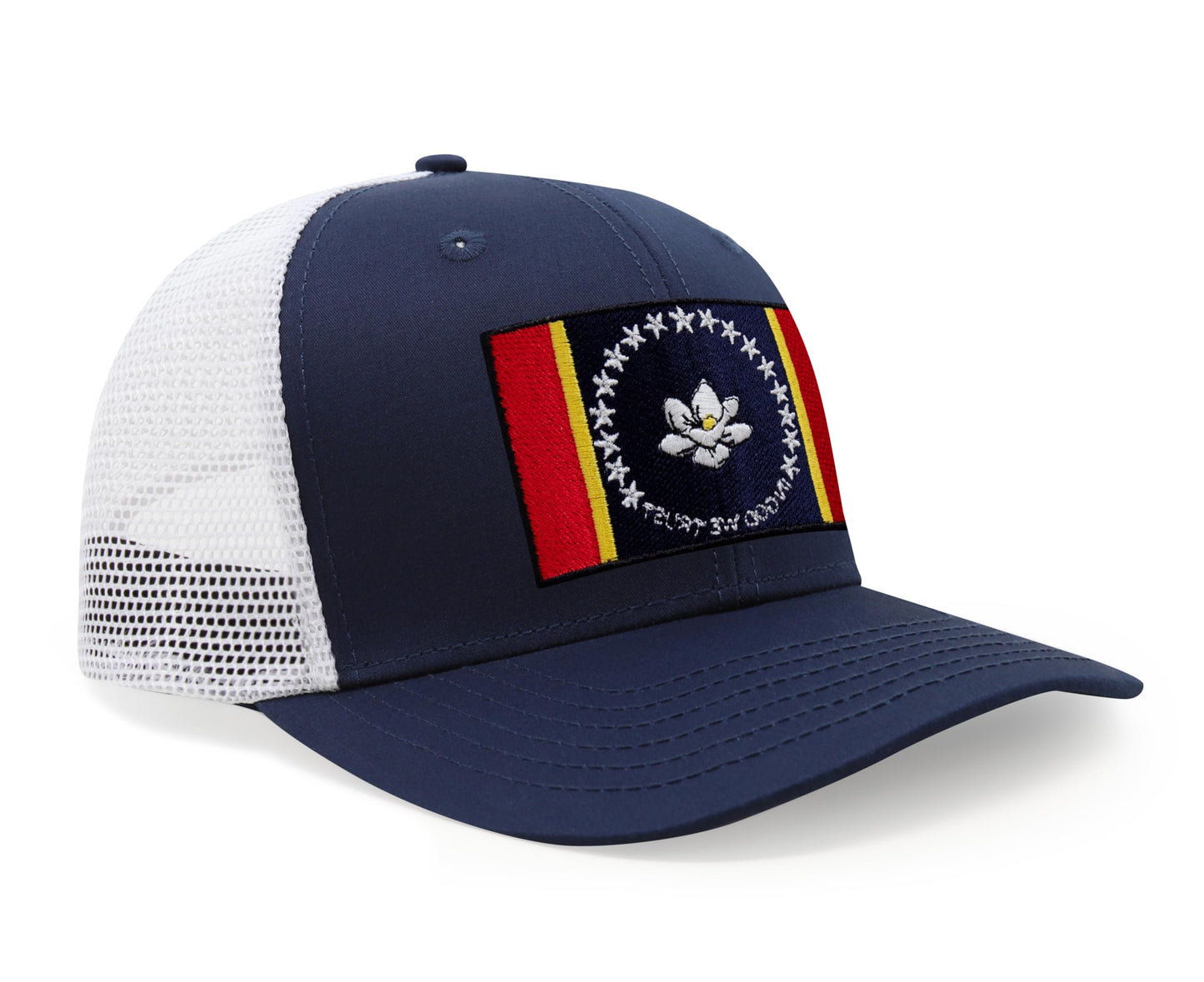 International Tie Mississippi Flag Hat for Men and Women – Snapback Trucker Baseball Cap (Navy White)