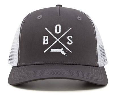 International Tie Premium Boston BOS Hat for Men and Women – Snapback Trucker Baseball Cap (Grey/White)