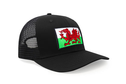 International Tie Country Hat for Men and Women, Adjustable Snapback Trucker Baseball Cap with Embroidered Patch (Wales, All Black)