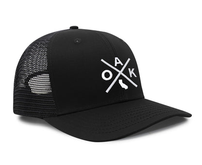 International Tie Hat for Men and Women, Adjustable Snapback Trucker Baseball Cap, Embroidered Cross Logo (OAK - Oakland, All Black)