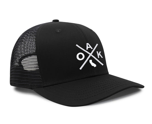 International Tie Hat for Men and Women, Adjustable Snapback Trucker Baseball Cap, Embroidered Cross Logo (OAK - Oakland, All Black)