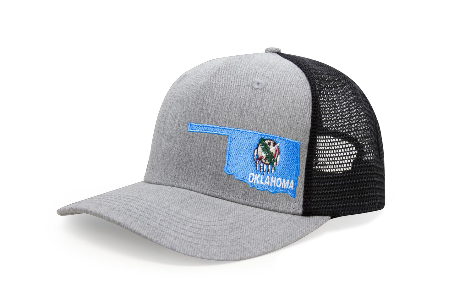 International Tie Stateline Flag Hat for Men and Women - Snapback Trucker Baseball Cap (Oklahoma, Grey Black)