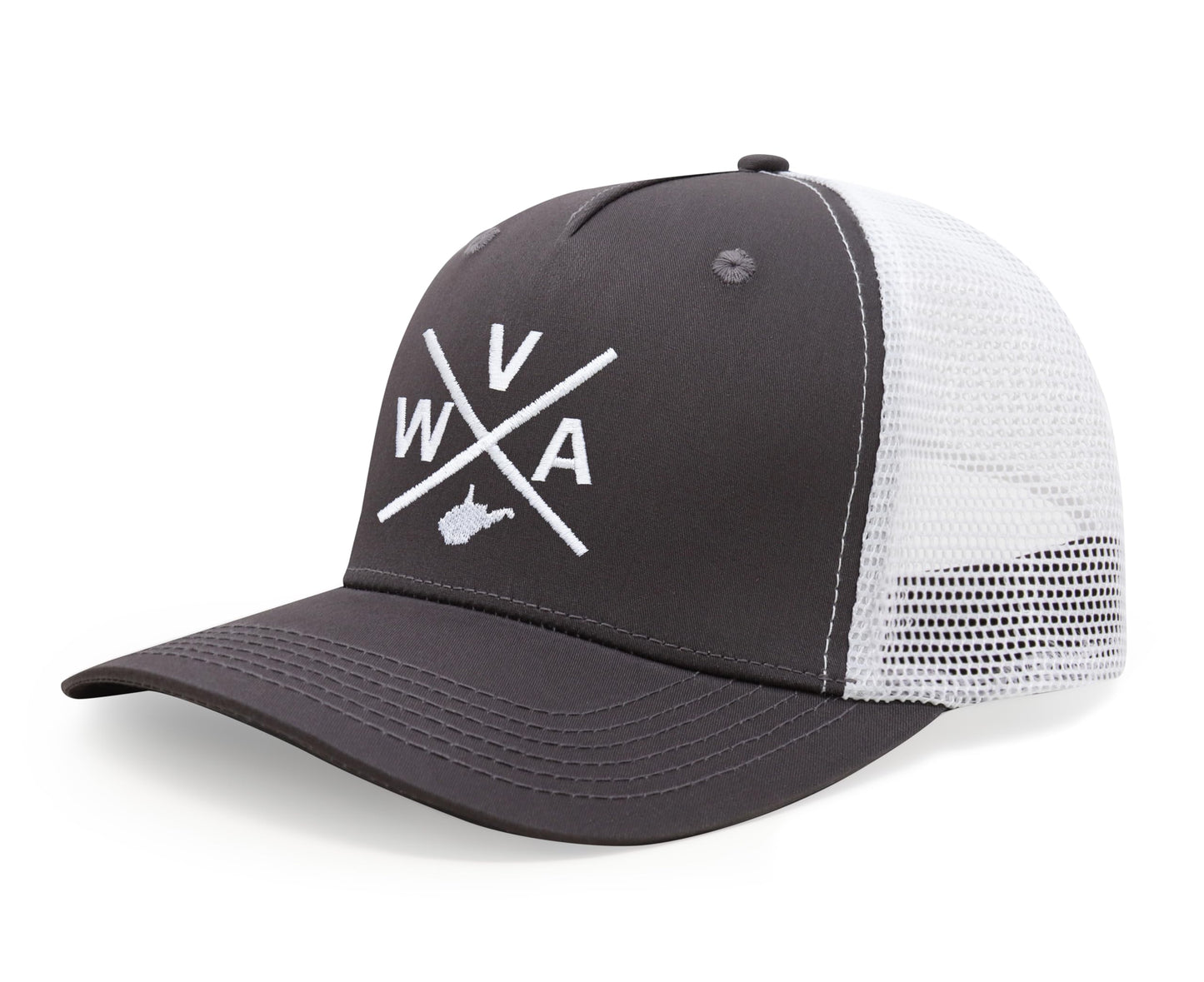 International Tie State City Hat for Men and Women, Snapback Trucker Baseball Cap with Embroidered Cross Logo (West Virginia - WVA, Grey White) - International Tie