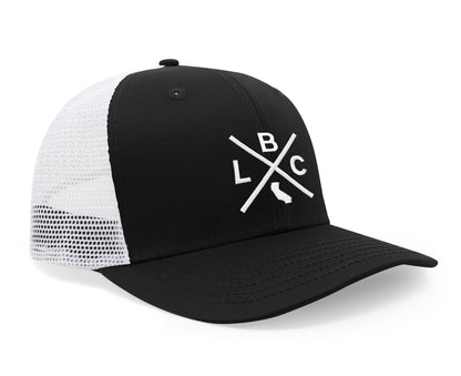 International Tie LBC (Long Beach California) - Hat for Men and Women - Snapback Trucker Baseball Cap (Black/White)