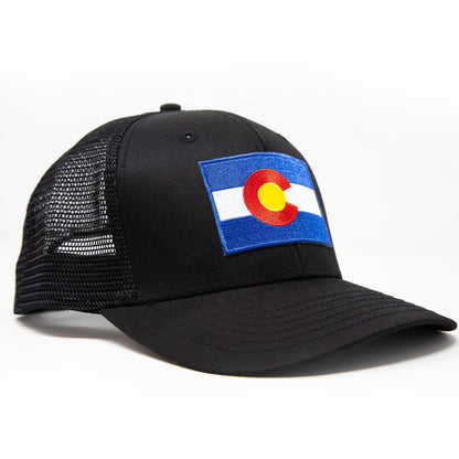 International Tie Colorado Hat – Colorado Flag Adjustable One Size Trucker Cap, Baseball, Snapback with an Embroidered Patch (All Black)