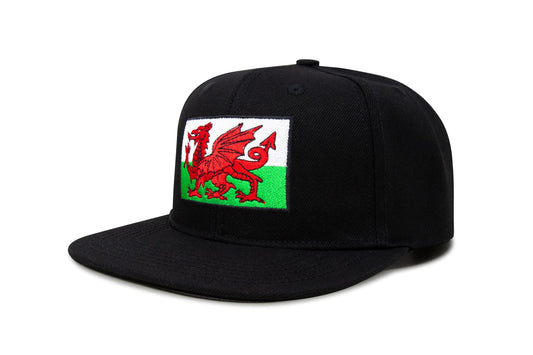 International Tie Country Hat for Men and Women, Adjustable Snapback Trucker Baseball Cap with Embroidered Patch (Wales, Black Flatbill)