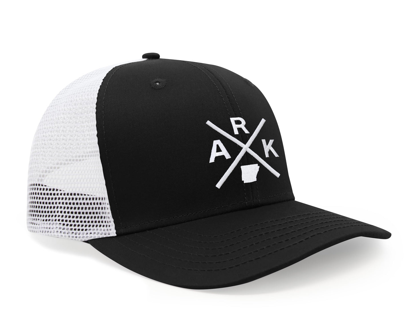 International Tie Hat for Men and Women, Adjustable Snapback Trucker Baseball Cap, Embroidered Cross Logo (ARK - Arkansas, Black White)