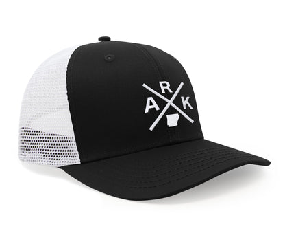 International Tie Hat for Men and Women, Adjustable Snapback Trucker Baseball Cap, Embroidered Cross Logo (ARK - Arkansas, Black White)