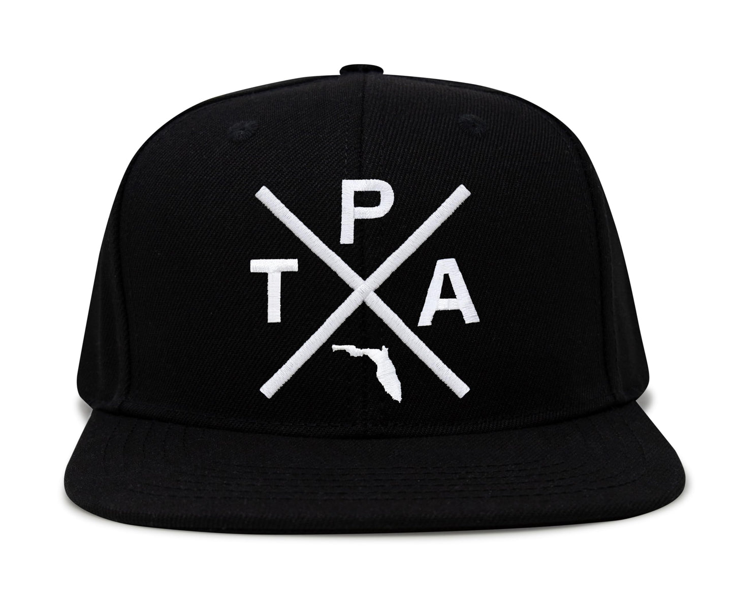 International Tie Hat for Men and Women, Snapback Trucker Baseball Cap, Embroidered Cross Logo (Tampa - TPA, Black Flatbill)
