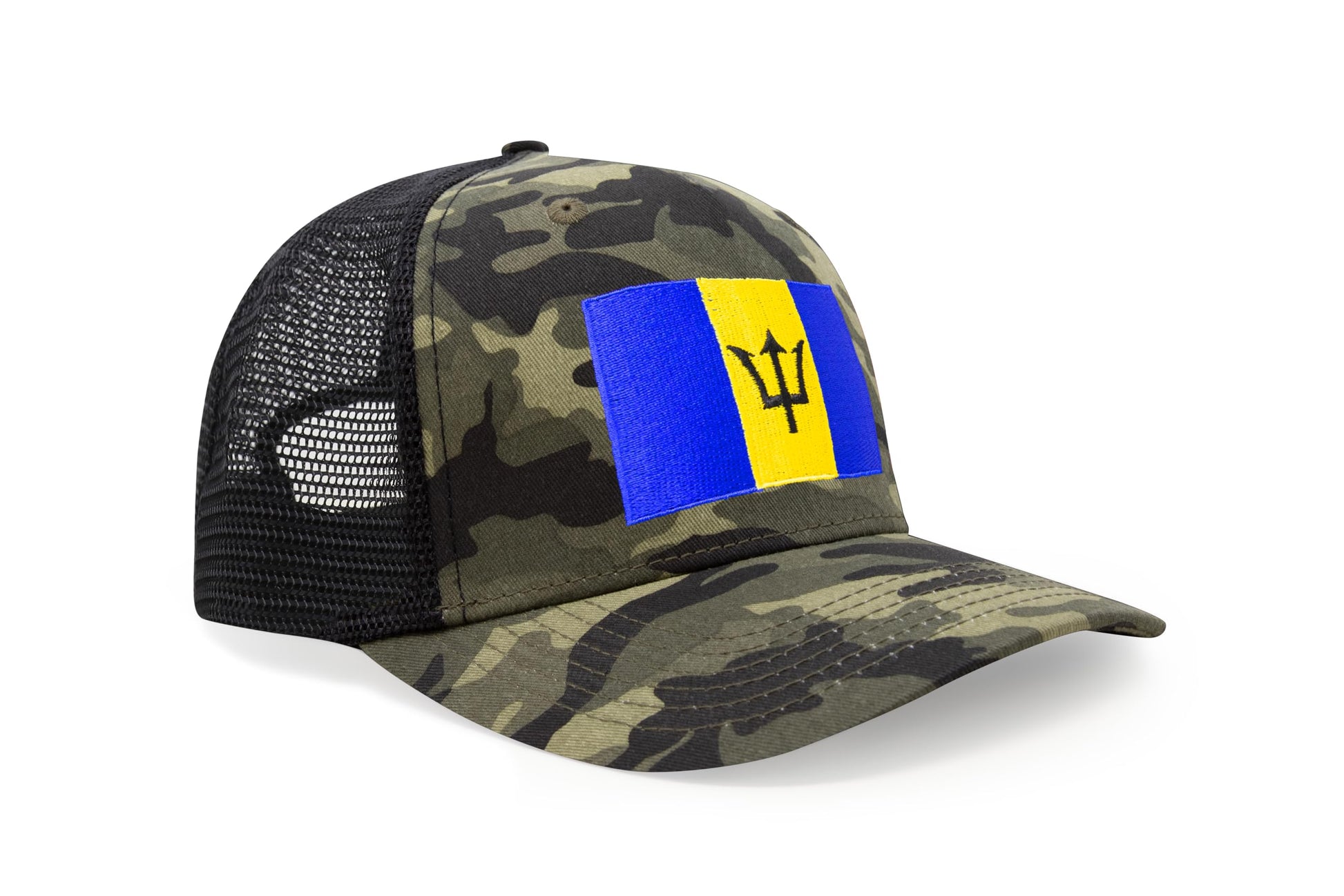 International Tie Country Hat for Men and Women, Adjustable Snapback Trucker Baseball Cap with Embroidered Patch (Barbados, Camouflage) - International Tie