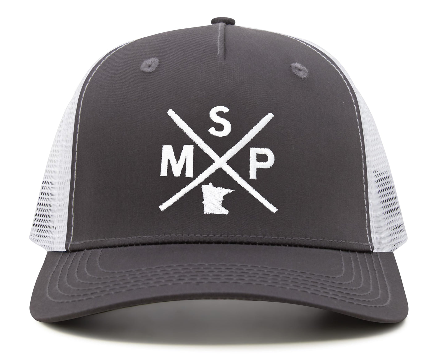International Tie State City Hat for Men and Women, Snapback Trucker Baseball Cap with Embroidered Cross Logo (MSP - Minneapolis St. Paul, Grey White) - International Tie
