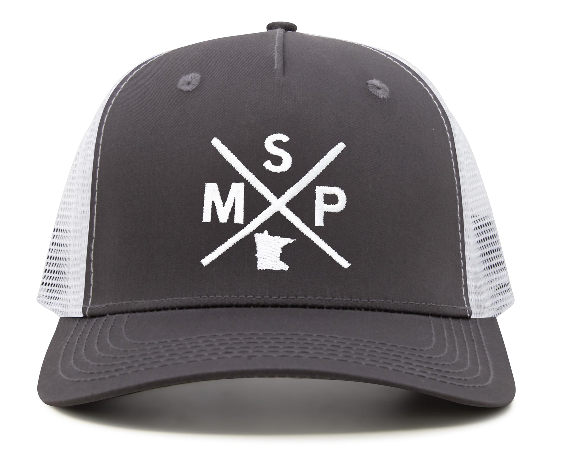 International Tie State City Hat for Men and Women, Snapback Trucker Baseball Cap with Embroidered Cross Logo (MSP - Minneapolis St. Paul, Grey White) - International Tie