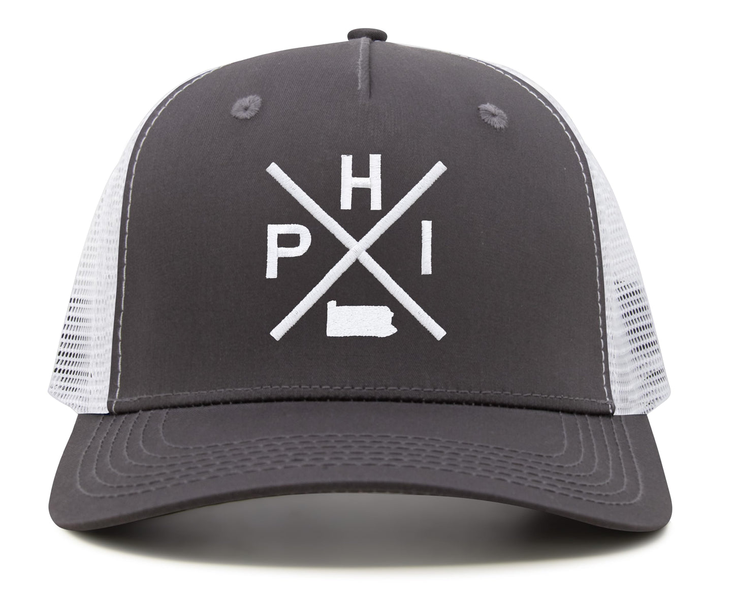 International Tie Hat for Men and Women, Adjustable Snapback Trucker Baseball Cap, Embroidered Cross Logo (PHI - Philadelphia, Grey White)