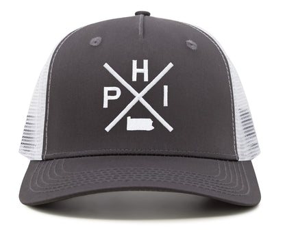 International Tie Hat for Men and Women, Adjustable Snapback Trucker Baseball Cap, Embroidered Cross Logo (PHI - Philadelphia, Grey White)