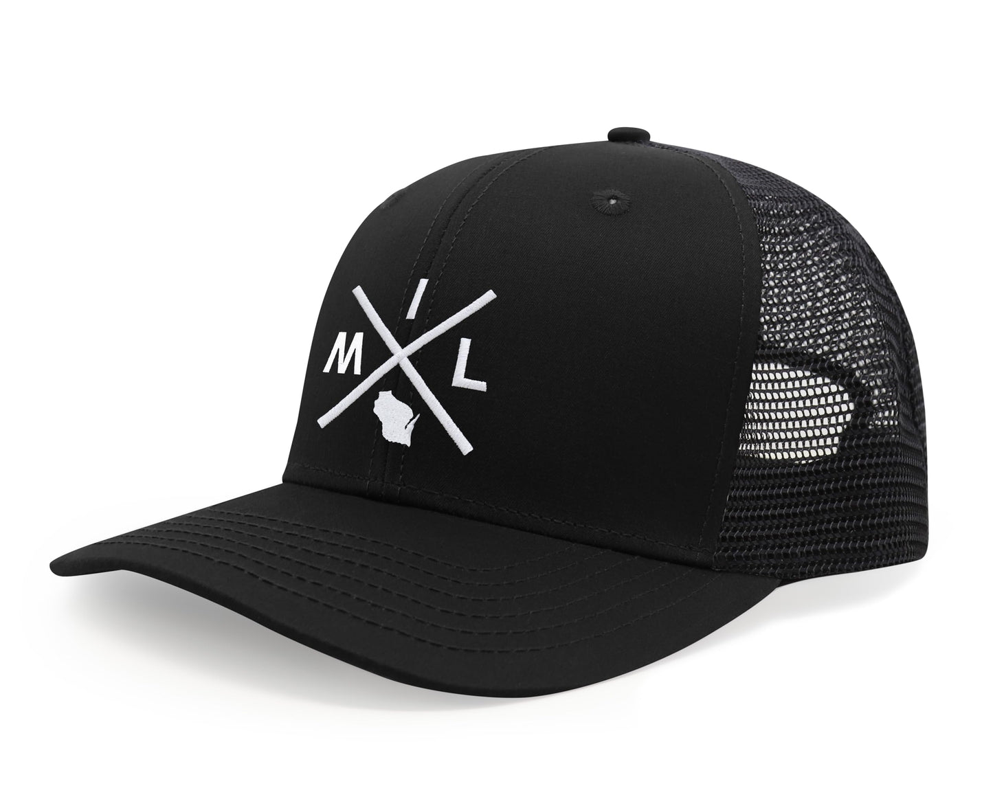 International Tie Hat for Men and Women, Adjustable Snapback Trucker Baseball Cap, Embroidered Cross Logo (MIL - Milwaukee, All Black)