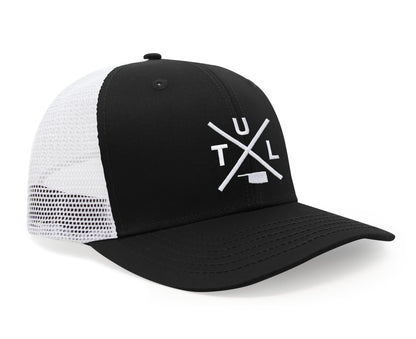 International Tie Hat for Men and Women, TUL Snapback Trucker Baseball Cap, Embroidered Cross Logo (TUL - Tulsa, Black White)