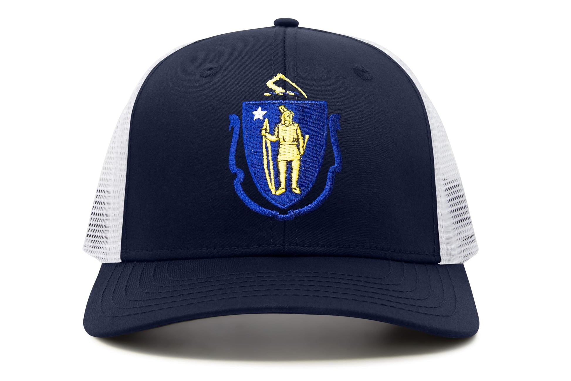 International Tie State Hat for Men and Women, Adjustable Snapback Trucker Baseball Cap with Embroidered Patch (Massachusetts, Navy White) - International Tie