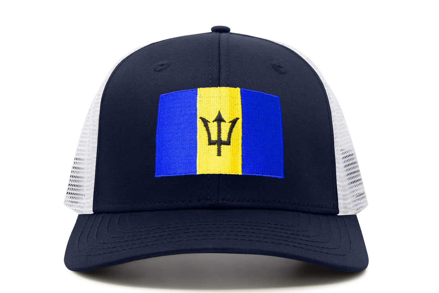 International Tie Country Hat for Men and Women, Adjustable Snapback Trucker Baseball Cap with Embroidered Patch (Barbados, Navy White) - International Tie