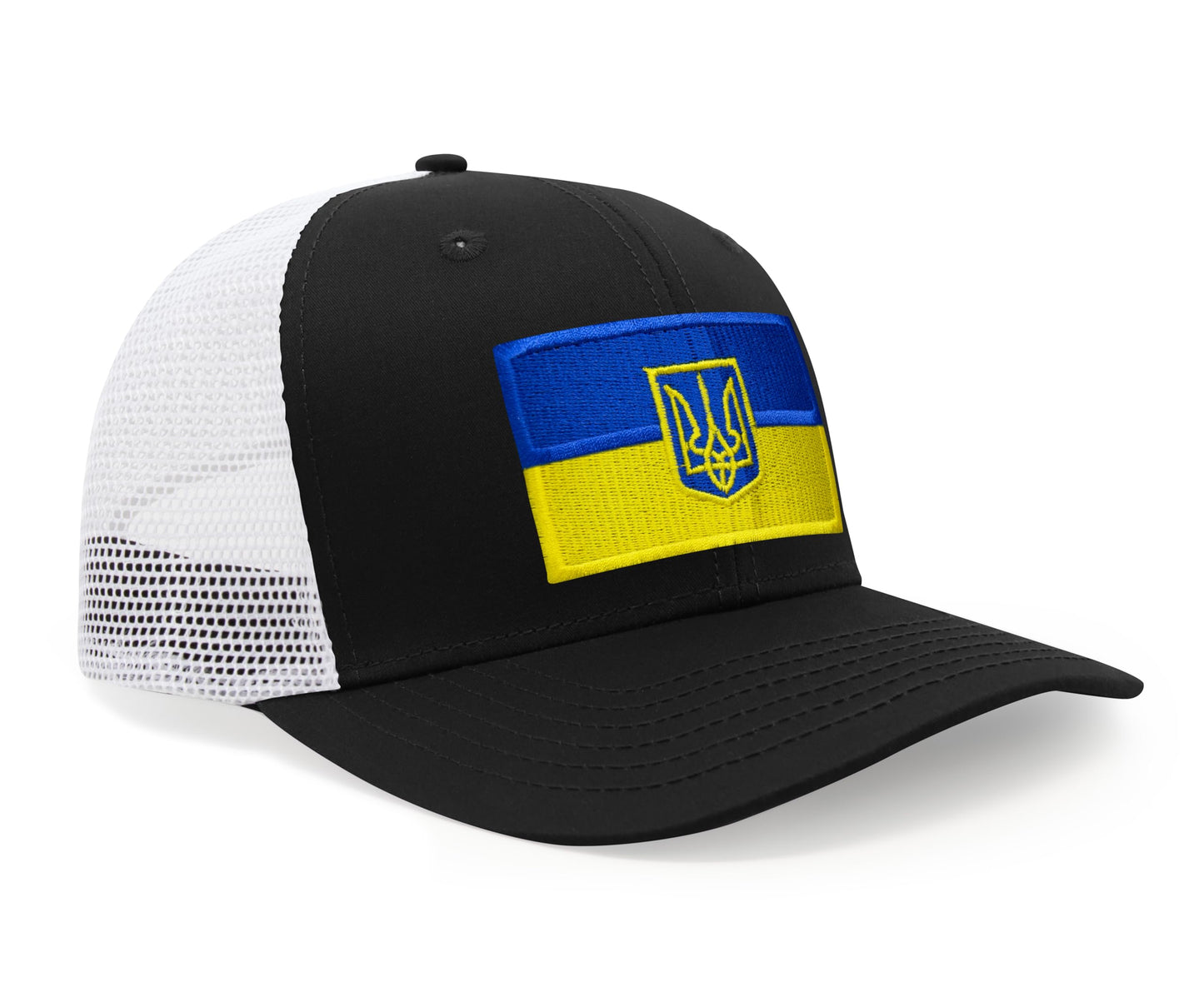 International Tie Country Hat for Men and Women, Adjustable Snapback Trucker Baseball Cap with Embroidered Patch (Ukraine, Black White)