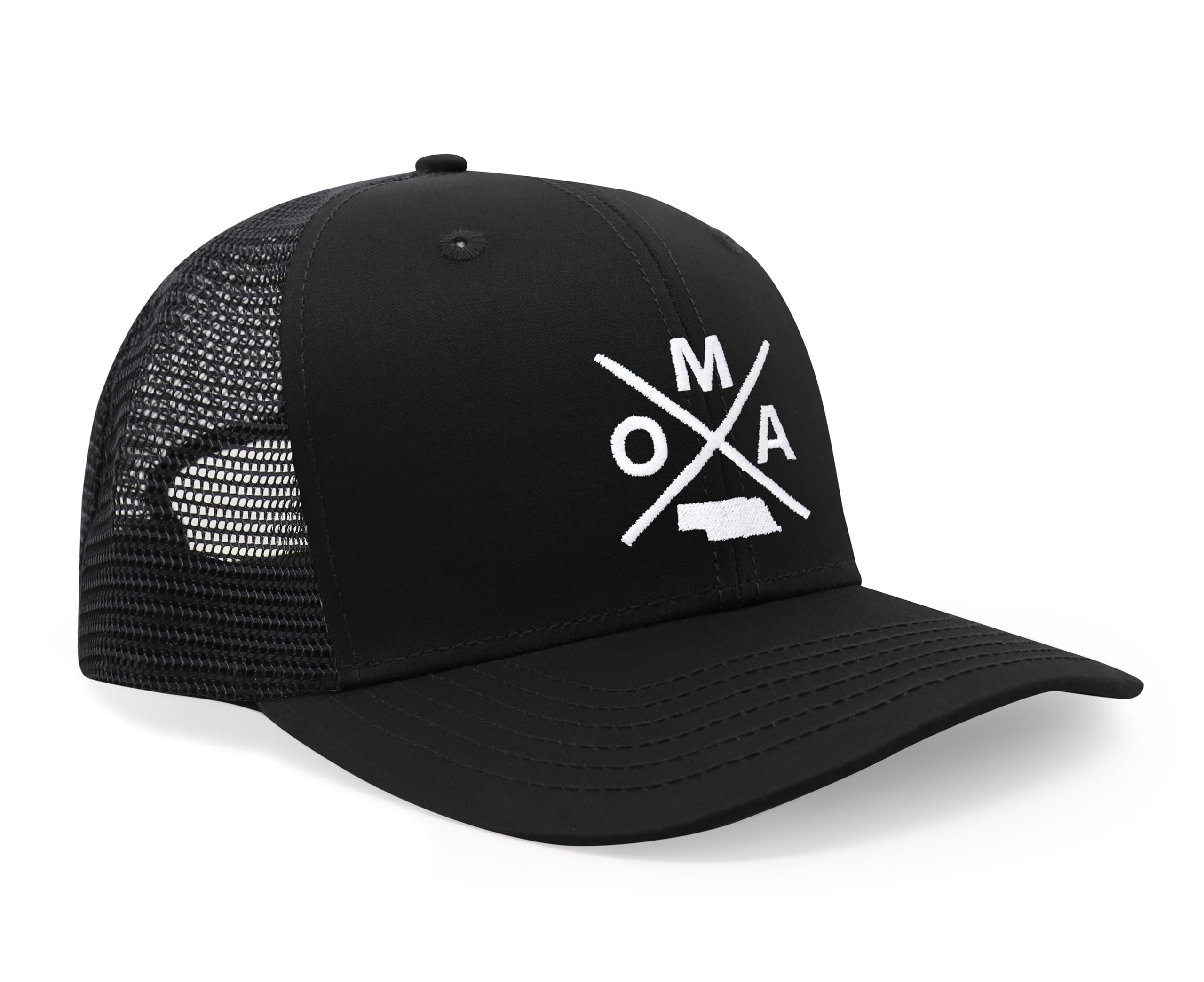 International Tie Hat for Men and Women, Snapback Trucker Baseball Cap, Embroidered Cross Logo (OMA - Omaha, All Black)