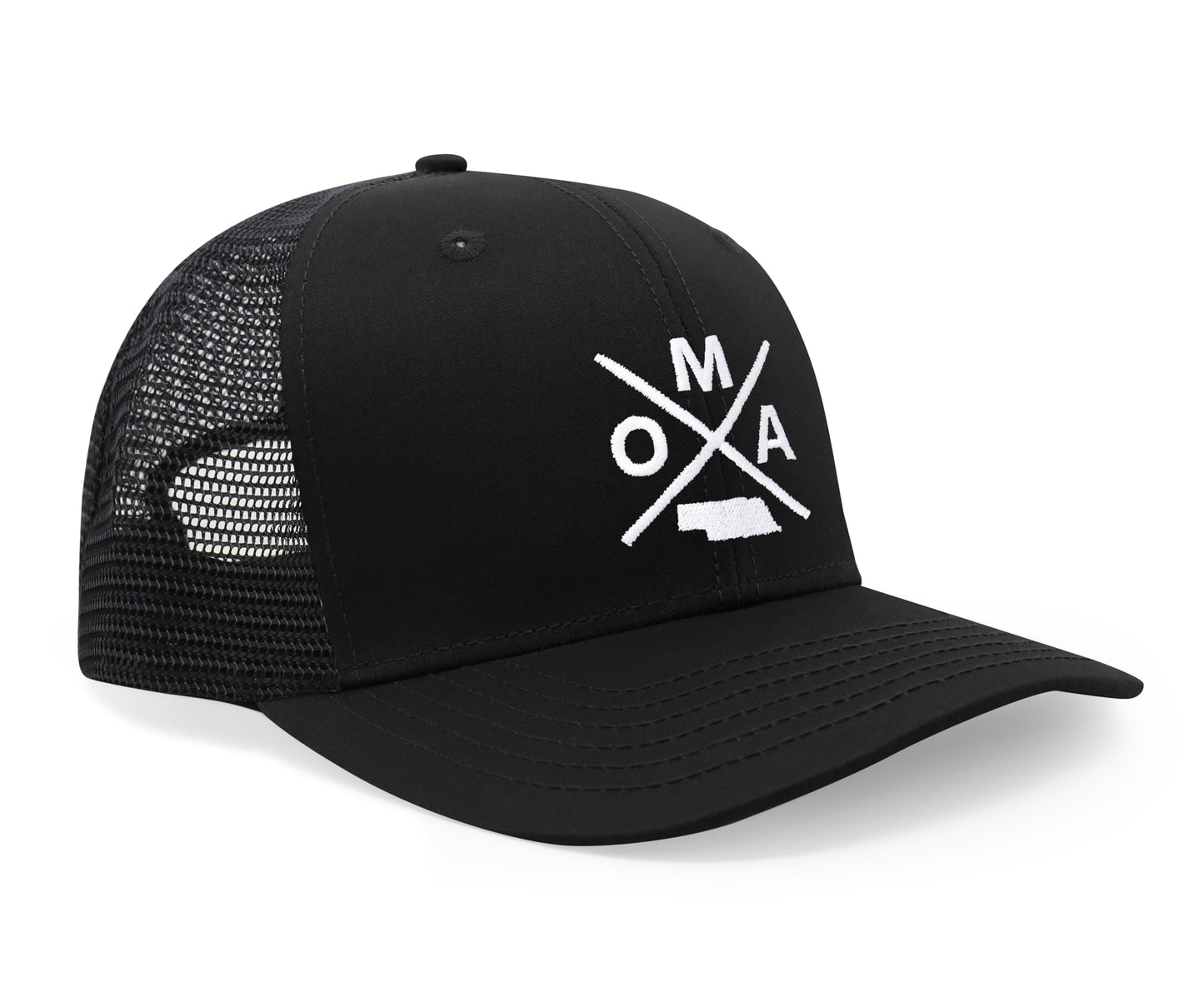 International Tie Hat for Men and Women, Snapback Trucker Baseball Cap, Embroidered Cross Logo (OMA - Omaha, All Black) - International Tie