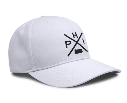 International Tie Hat for Men and Women, Adjustable Snapback Trucker Baseball Cap, Embroidered Cross Logo (PHI - Philadelphia, All White)