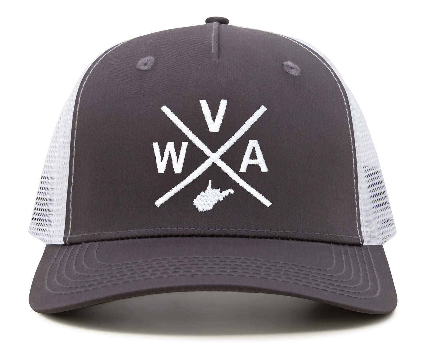 International Tie State City Hat for Men and Women, Snapback Trucker Baseball Cap with Embroidered Cross Logo (West Virginia - WVA, Grey White) - International Tie