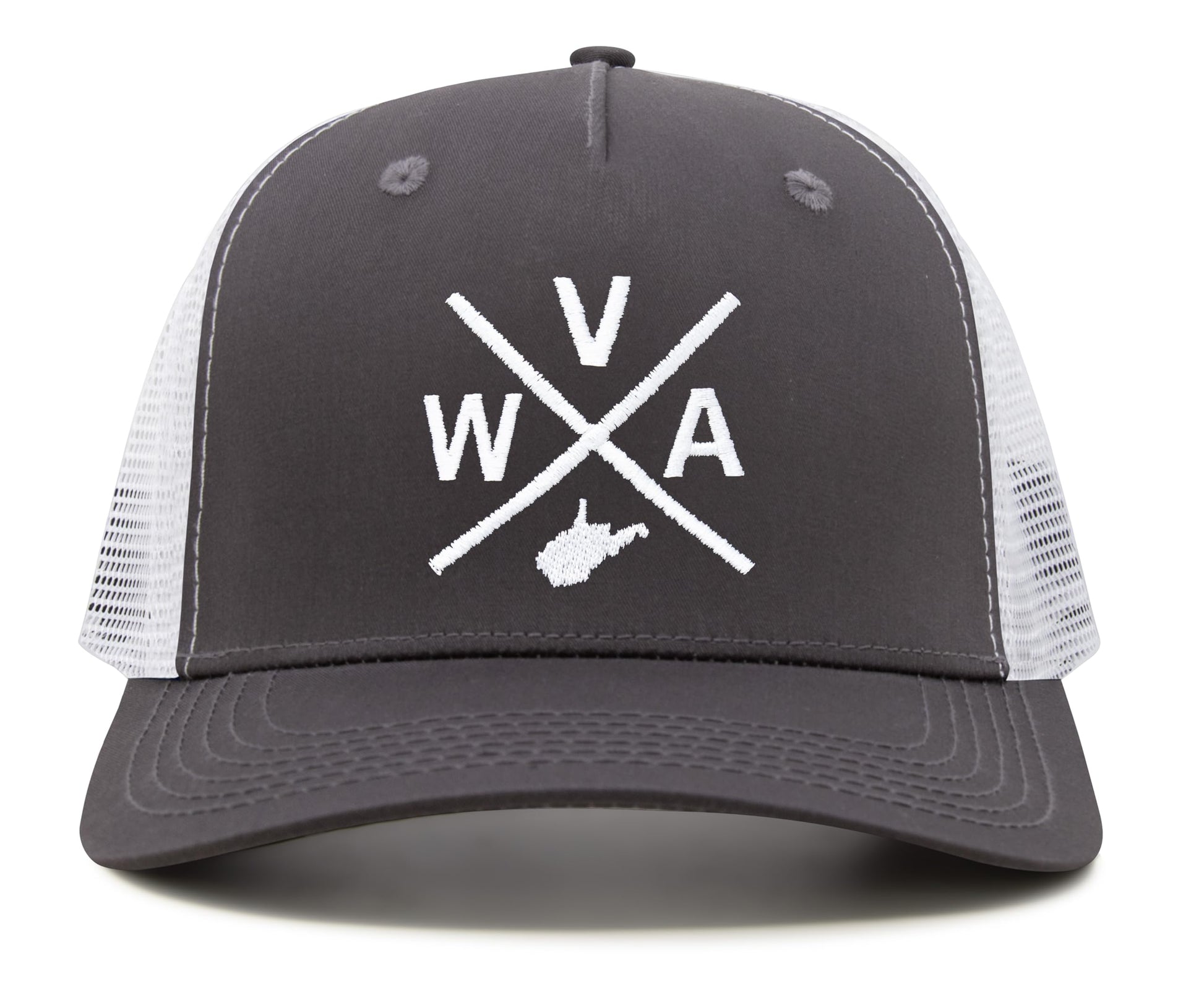 International Tie State City Hat for Men and Women, Snapback Trucker Baseball Cap with Embroidered Cross Logo (West Virginia - WVA, Grey White) - International Tie